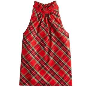 J Crew 3X Womens Ruffle Neck Sleeveless Top Good Tidings Tartan Plaid Red